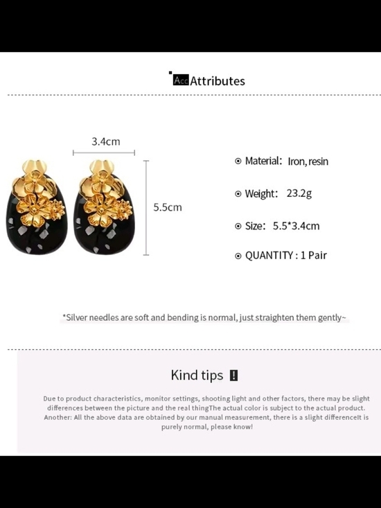 Black Resin Earrings with Gold Floral Accents - Picture 9 of 10